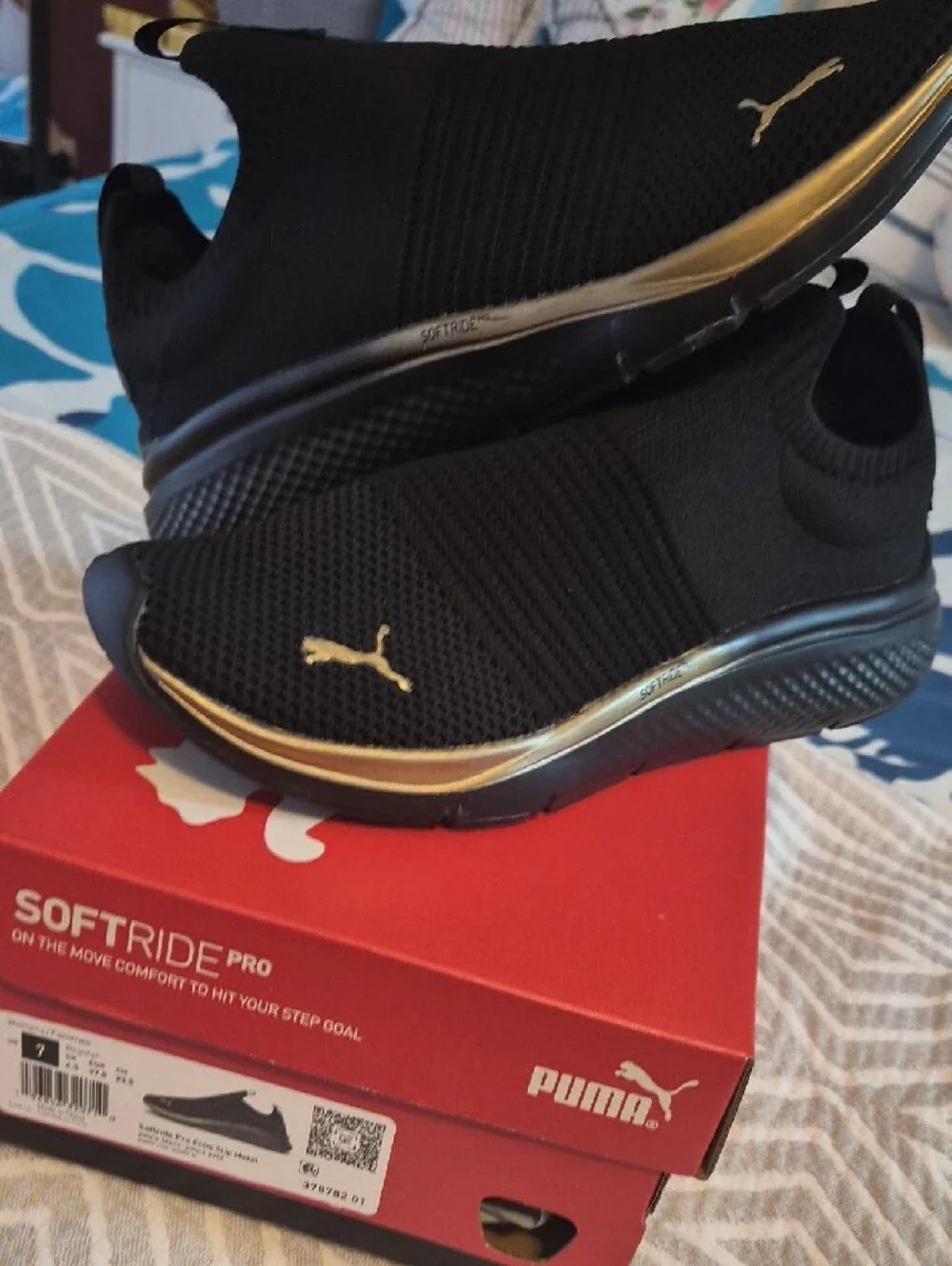 Puma Men’s Black Slip-On Knit Sneakers with Gold Trim